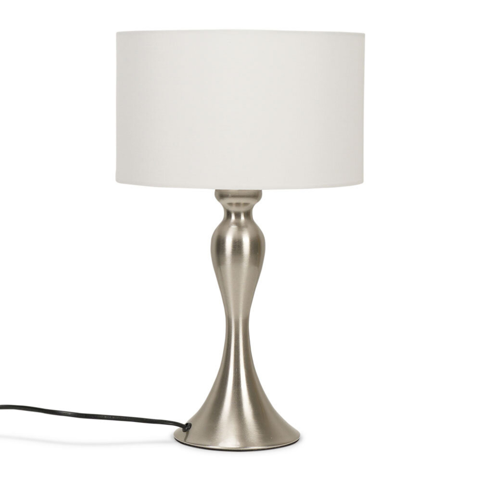 Modern Brushed Chrome Spindle Design Table Lamp with a White Drum Shade - Complete with a 6w LED GLS Bulb [3000K Warm White]