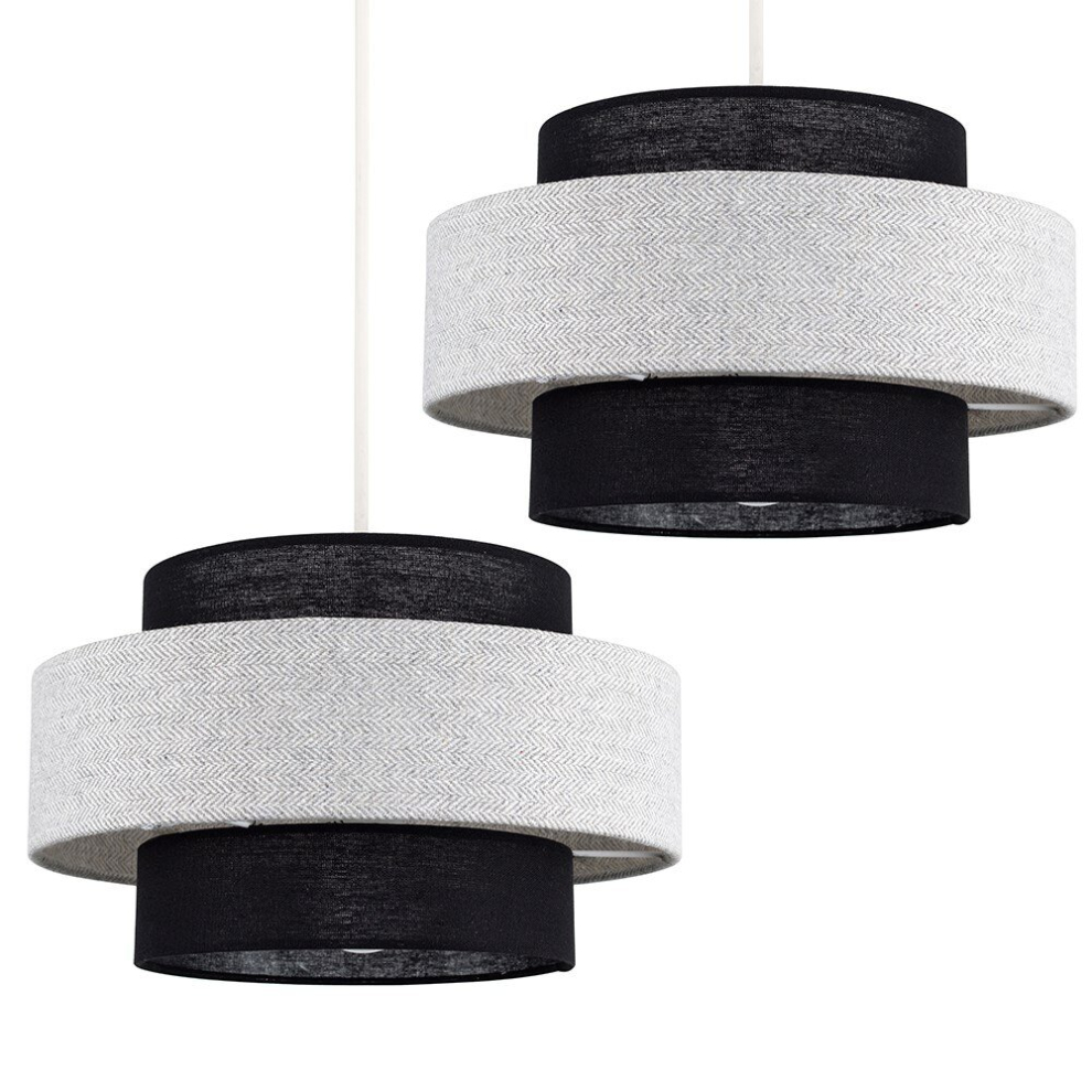 Pair of - Modern Cylinder Ceiling Pendant Light Shades in a Black & Grey Herringbone Finish - Complete with 10w LED GLS Bulbs [3000K Warm White]