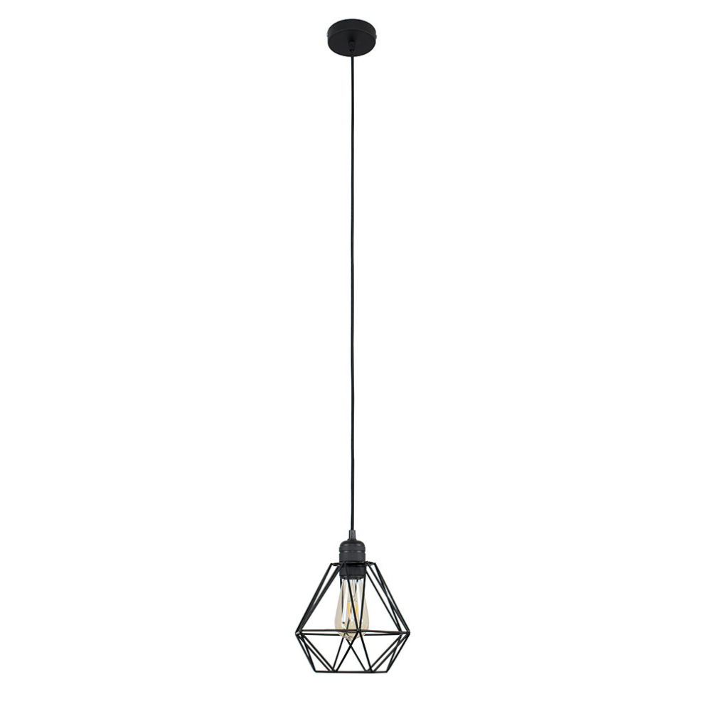 Modern Matt Black Ceiling Rose & Flex Lampholder Fitting with a Black Cage Shade - Complete with a 4w LED Filament Light Bulb [2700K Warm White]