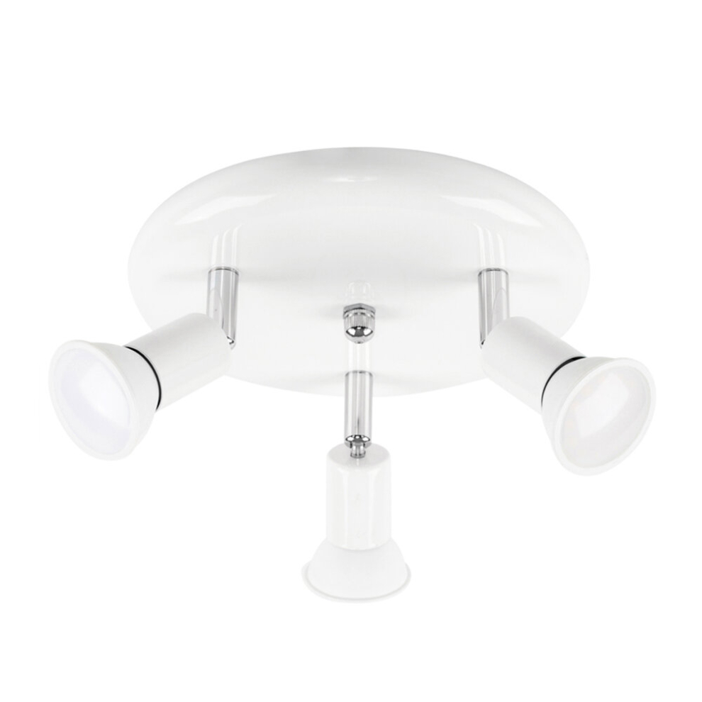 Modern Gloss White and Chrome Round Plate 3 Way Ceiling Spotlight - with 3 x 5W Cool White GU10 LED Bulbs