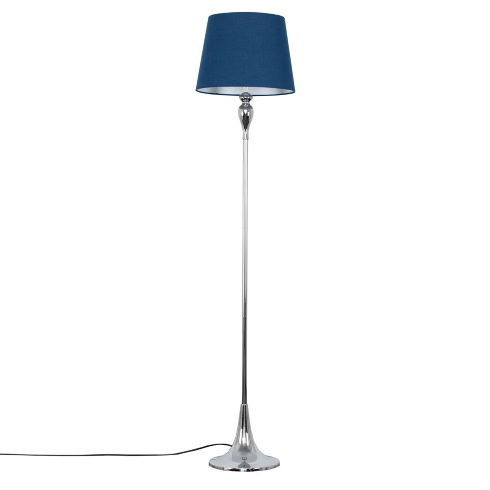 Modern Polished Chrome Spindle Design Floor Lamp with a Navy Blue Tapered Shade - Complete with a 10w LED GLS Bulb [3000K Warm White]