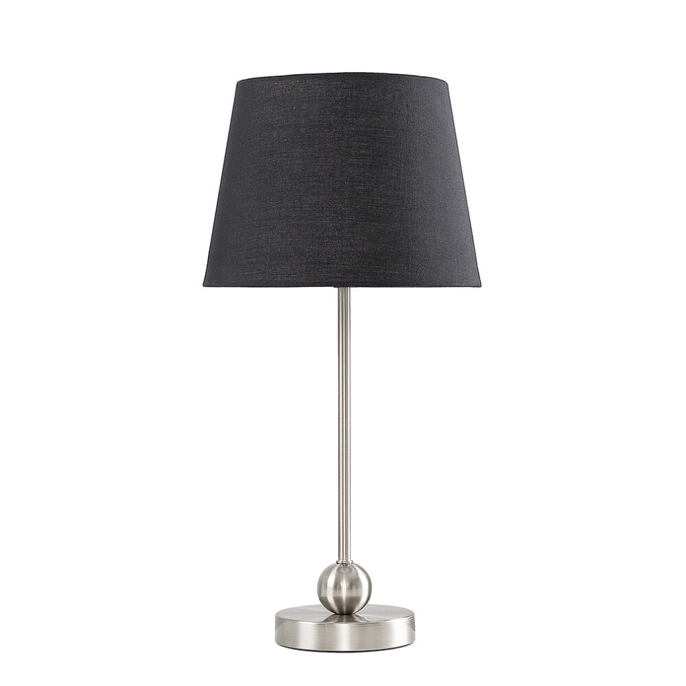 Modern Brushed Chrome Single Stem Metal Ball Table Lamp with a Black Tapered Shade