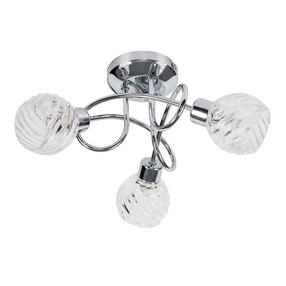 Contemporary 3 Way Polished Chrome Curved Arm Flush Ceiling Light with Swirled Glass Dome Shades - Complete with 3w LED G9 Bulbs [6500K Cool White]