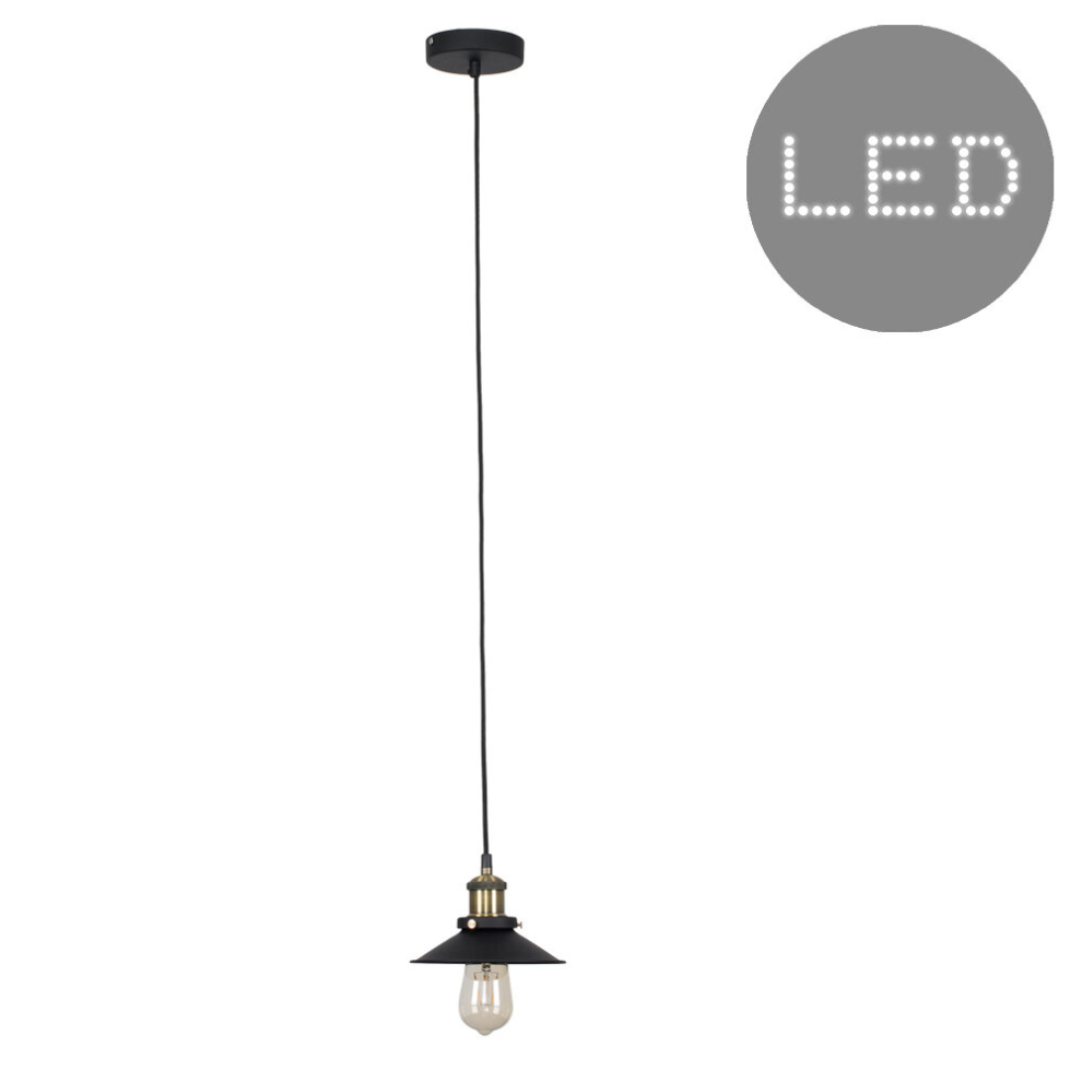 Industrial Black Brass Ceiling Light Pendant Tapered Shade 4w LED Bulb