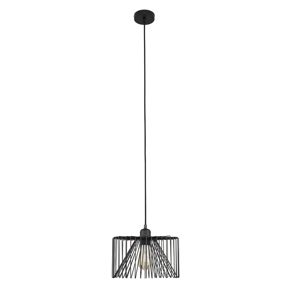 Modern Matt Black Ceiling Rose & Flex Lampholder Fitting with a Black Wire Design Cylinder Shade - With a 4w LED Filament Bulb [2700K Warm White]