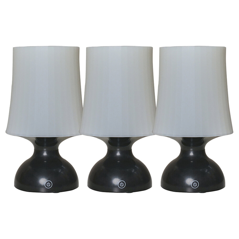 Set of 3 Wireless Outdoor Garden Portable Battery Operated LED Black Touch Table Lamps with a White Ribbed Tapered Shade