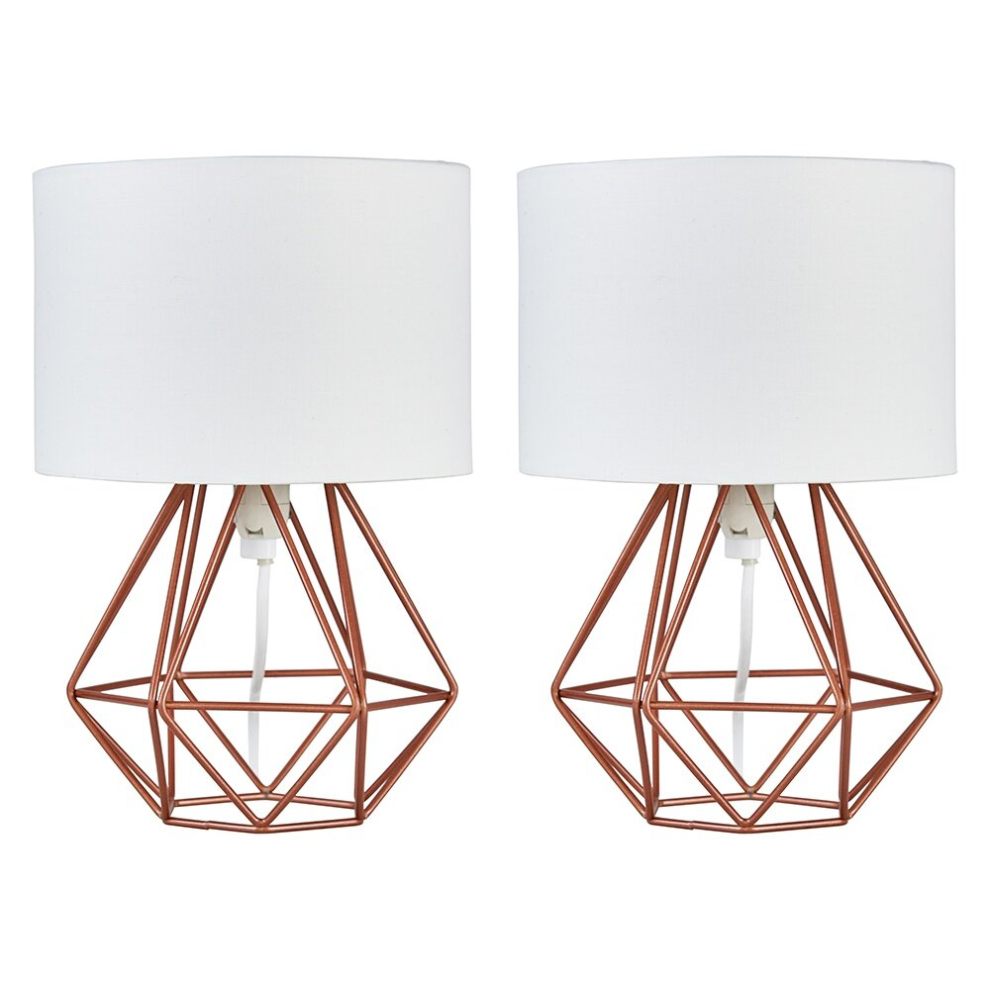 Pair of Modern Small Copper Metal Basket Cage Table Lamps with a White Fabric Shade - Complete with 4w LED Golfball Bulbs [3000K Warm White]