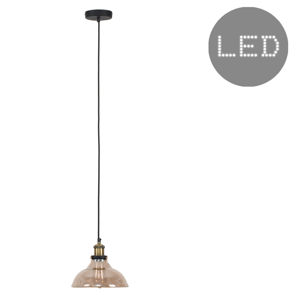 Industrial Black and Gold Ceiling Light Pendant with an Amber Tinted Clear Glass Tapered Shade - With 4w LED Filament Bulb [2700K Warm White]