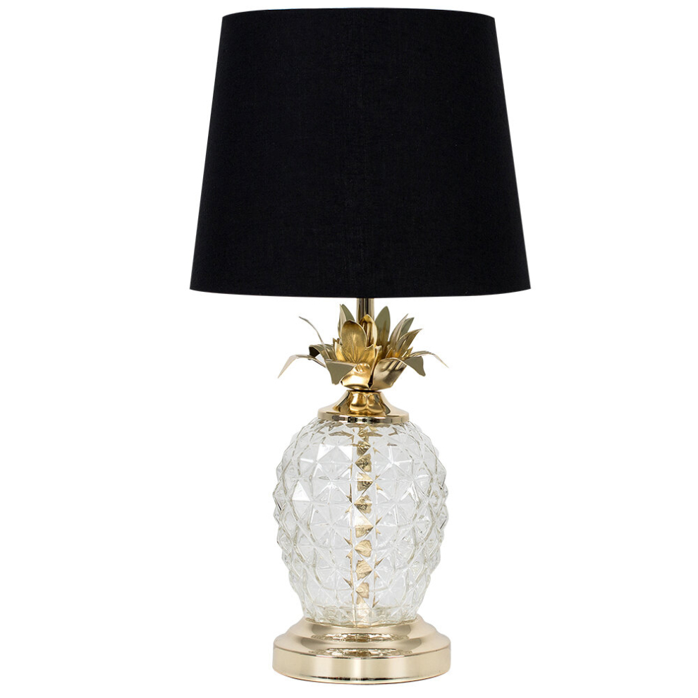 Modern Gold & Clear Glass Pineapple Touch Table Lamp with a Black Shade - Complete with a 5w LED Dimmable Candle Bulb [3000K Warm White]