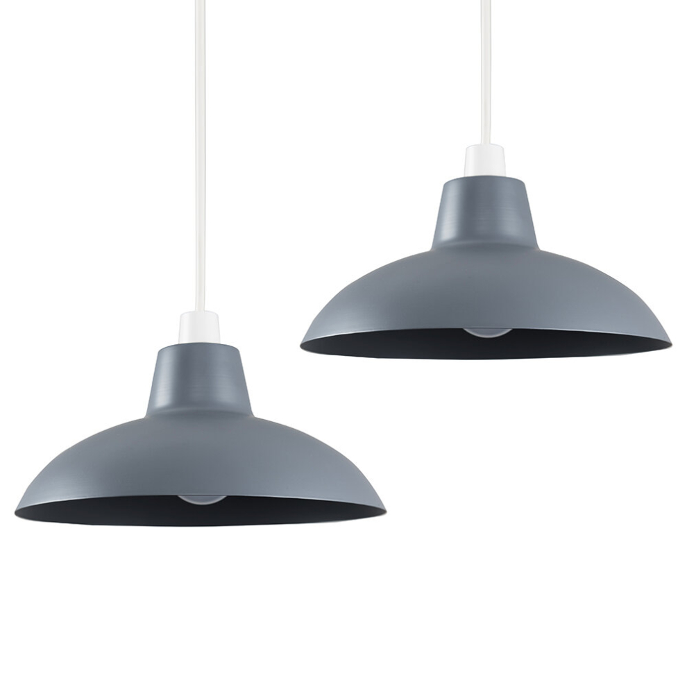 Pair of Retro Style Dark Grey Metal Easy Fit Ceiling Pendant Light Shades - Complete with 10w LED Bulbs [3000K Warm White]