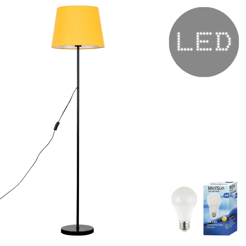 Modern Standard Floor Lamp in a Black Metal Finish with a Large Mustard Tapered Light Shade - Complete with a 6w LED GLS Bulb [3000K Warm White]