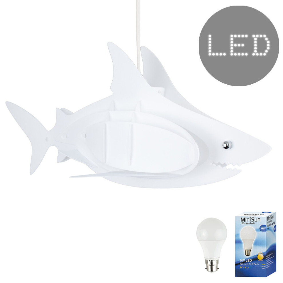 Fun Children's Bedroom White Shark Ceiling Pendant Light Shade - Complete with a 6w LED GLS Bulb [3000K Warm White]