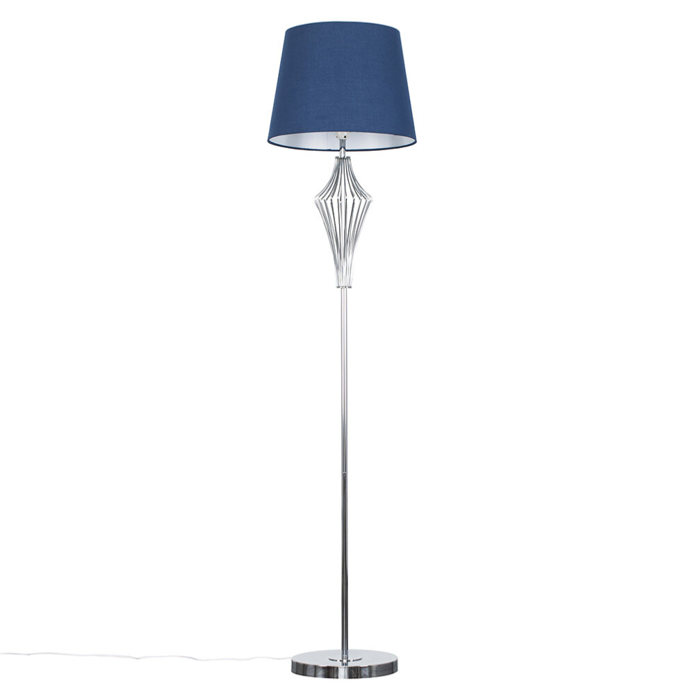 Modern Polished Chrome Metal Wire Geometric Diamond Design Floor Lamp with a Navy Blue Tapered Shade - With a 6w LED GLS Bulb [3000K Warm White]