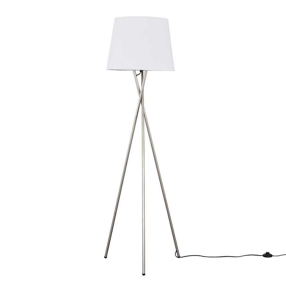 Modern Brushed Chrome Metal Tripod Floor Lamp with a White Tapered Shade - Complete with a 6w LED Bulb [3000K Warm White]