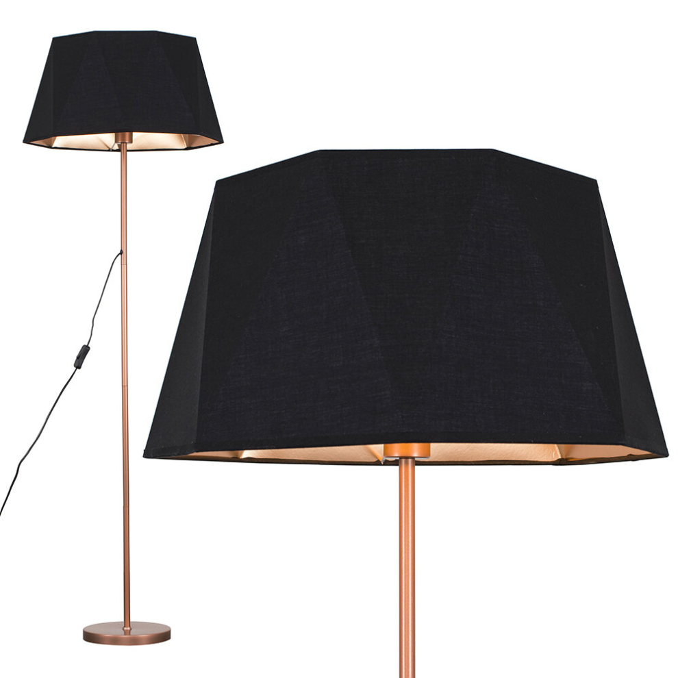 Modern Standard Floor Lamp in a Copper Metal Finish with a Black/Copper Geometric Shade