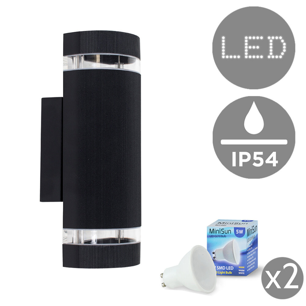 Modern Aluminium Curved Outdoor IP54 Rated Black Ribbed Contrasting Glass Shade Wall Light Fitting - With 5w GU10 LED Bulbs [3000K Warm White]