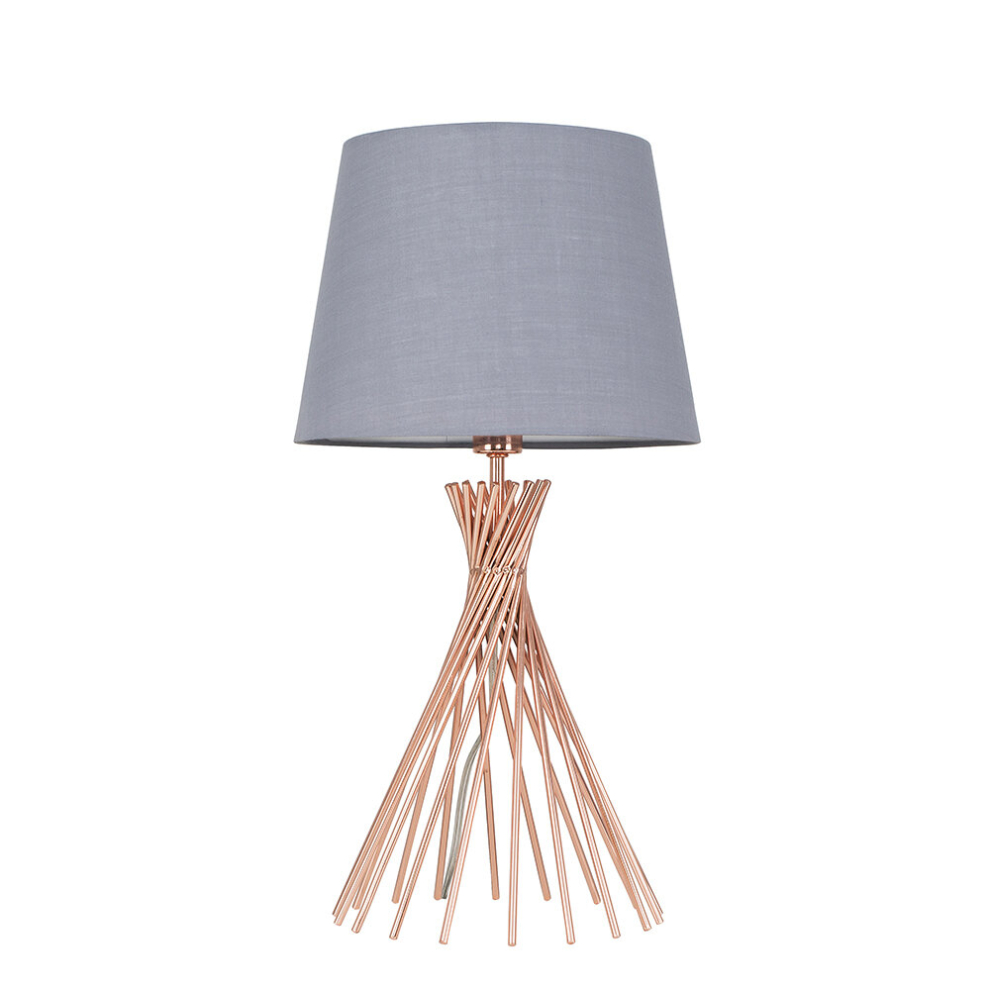 Modern Copper Metal Wire Twist Design Table Lamp with a Grey Tapered Light Shade - Complete with a 4w LED Golfball Bulb [3000K Warm White]