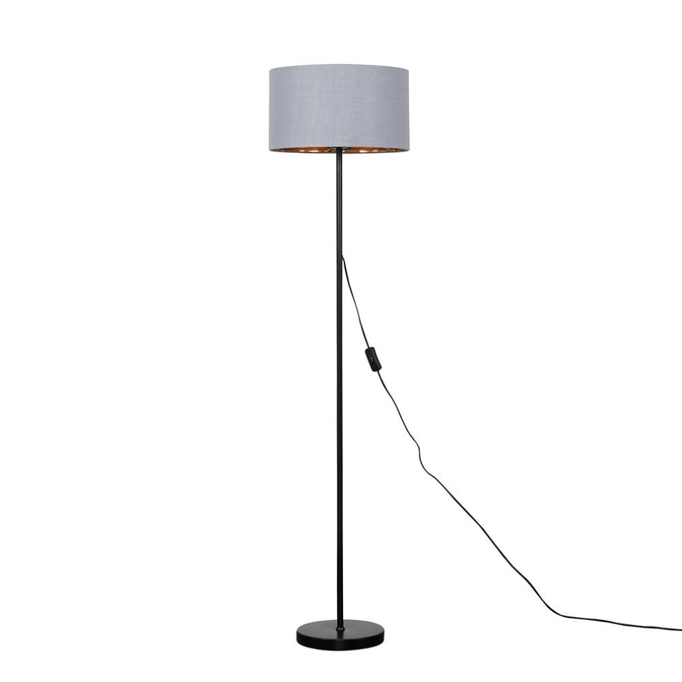 Modern Standard Floor Lamp in a Black Metal Finish with a Warm Grey/Gold Drum Shade - Complete with a 6w LED Bulb [3000K Warm White]