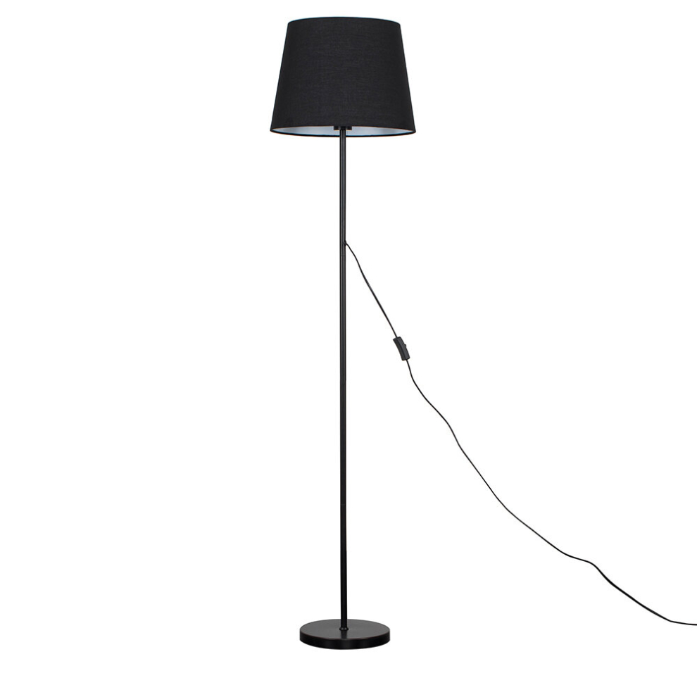 Modern Standard Floor Lamp in a Black Metal Finish with a Large Black Tapered Light Shade