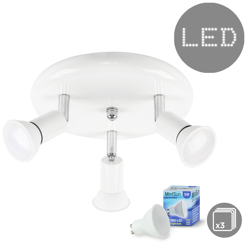 Modern Gloss White and Chrome Round Plate 3 Way Ceiling Spotlight - with 3 x 5W Warm White GU10 LED Bulbs