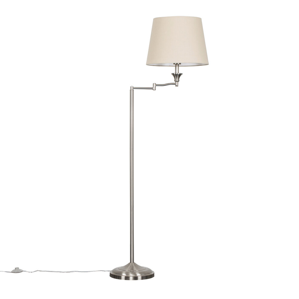 Modern Adjustable Swing Arm Floor Lamp in a Brushed Chrome Finish with a Beige Tapered Light Shade - With a 6w LED GLS Bulb [3000K Warm White]