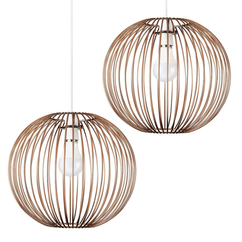 Pair of Retro Metal Basket Style Globe Ceiling Pendant Light Shades in a Copper Effect Finish - With 4w LED Filament Bulbs [3000K Warm White]