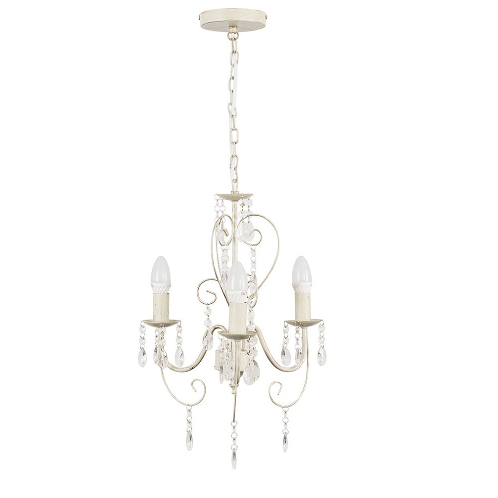 Cream Ornate Vintage Style Shabby Chic 3 Way Ceiling Light Chandelier with Beautiful Acrylic Jewels + 3 x 4w SES E14 40w Frosted Glass Candle Bulbs