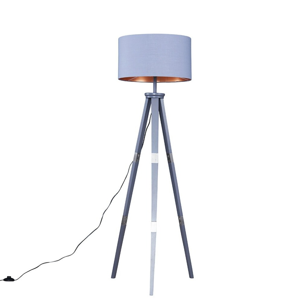 Large Modern Grey Wood & Metal Tripod Design Floor Lamp with a Grey/Copper Cylinder Shade - Complete with a 6w LED GLS Bulb [3000K Warm White]