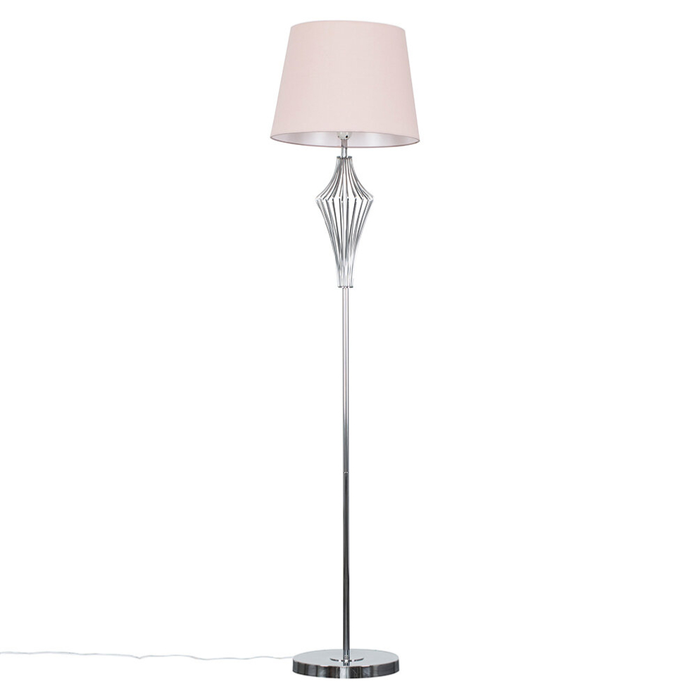 Modern Polished Chrome Metal Wire Geometric Diamond Design Floor Lamp with a Pink Tapered Shade - Complete with a 6w LED GLS Bulb [3000K Warm White]