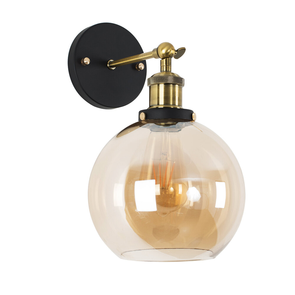 Antique Brass & Black Metal Adjustable Knuckle Joint Wall Light Fitting with Amber Tinted Shade - With a 4w LED Filament Bulb [2700K Warm White]