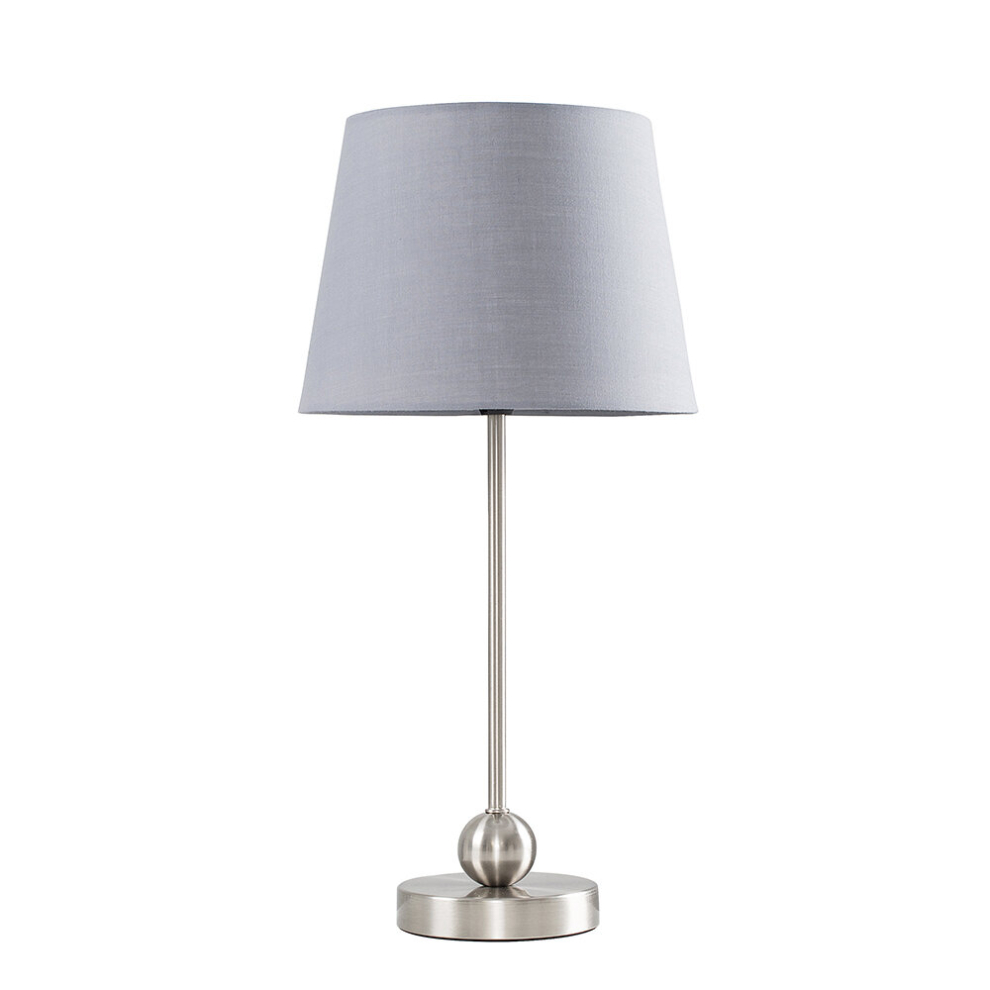 Modern Brushed Chrome Single Stem Metal Ball Table Lamp with a Grey Tapered Shade