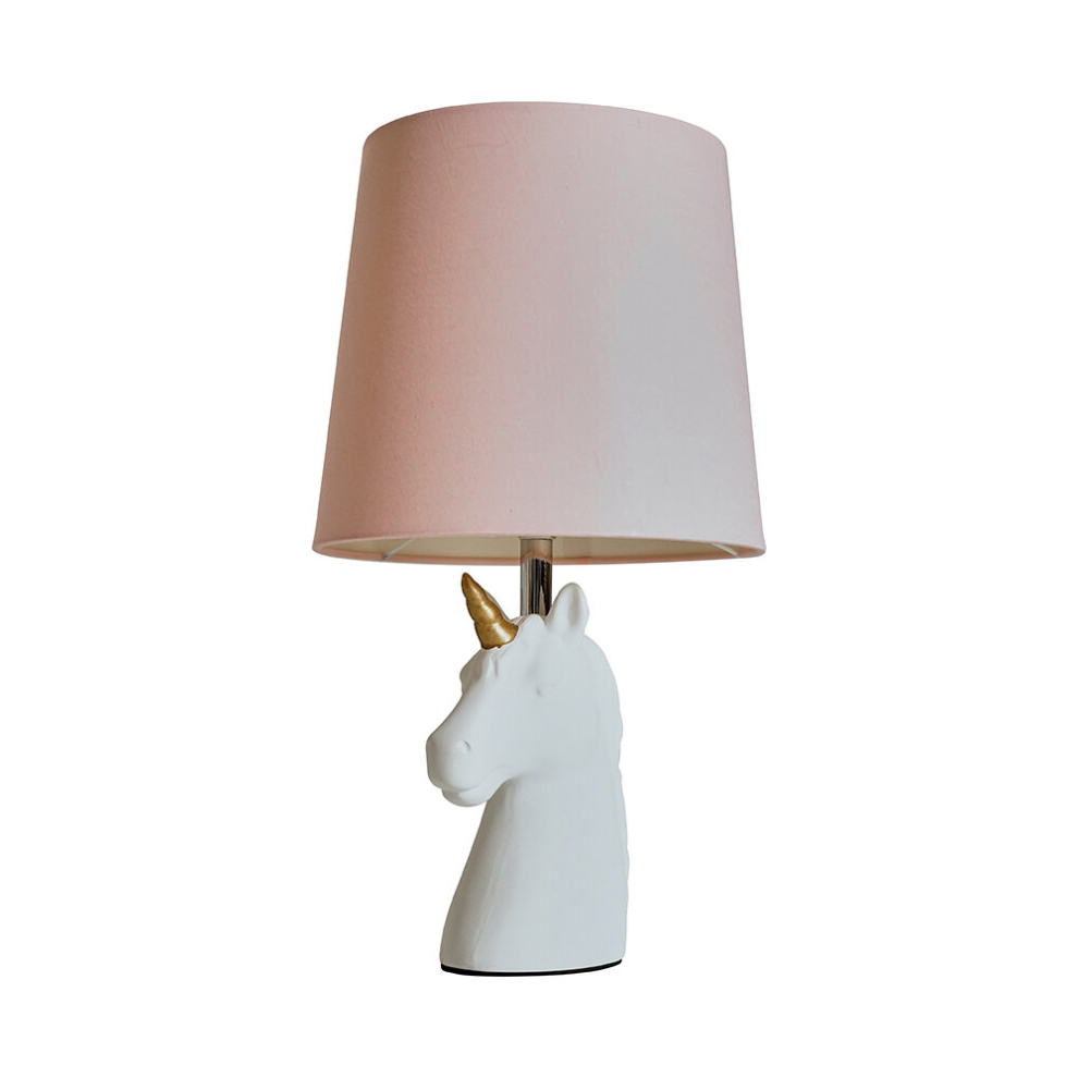 Gloss White and Gold Ceramic Unicorn Table Lamp with a Dusty Pink Tapered Light Shade - Complete with a 4w LED Golfball Bulb [3000K Warm White]