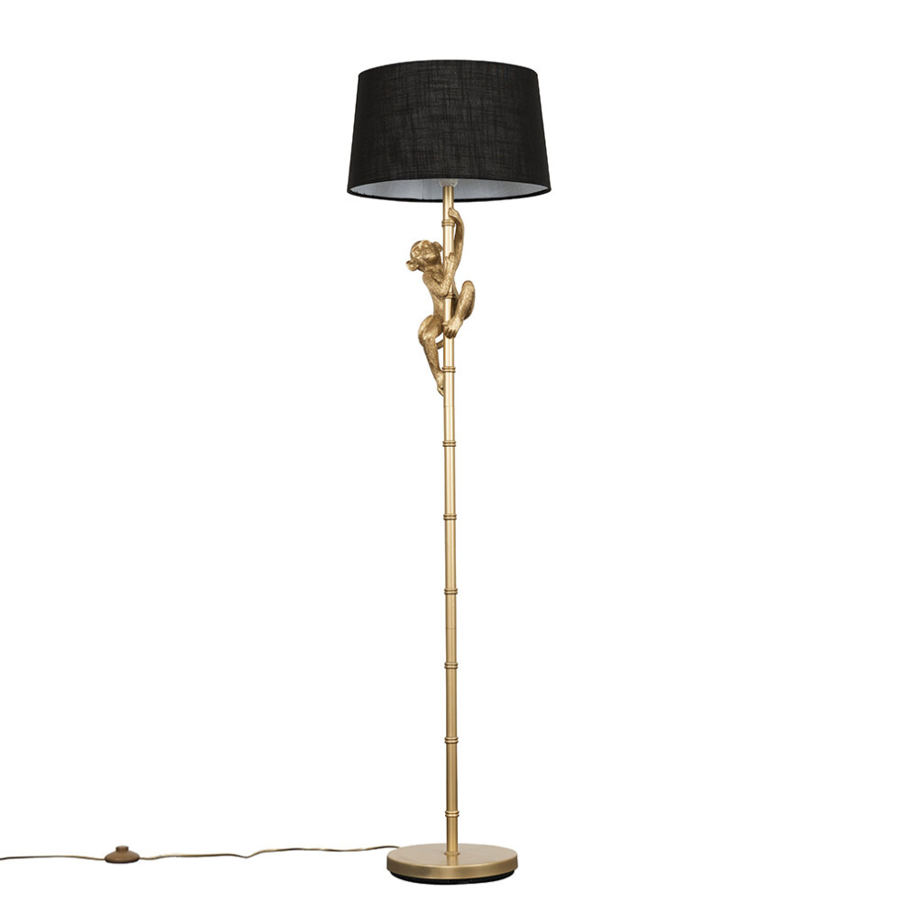 Modern Gold Hanging Monkey Design Floor Lamp with a Black Tapered Shade