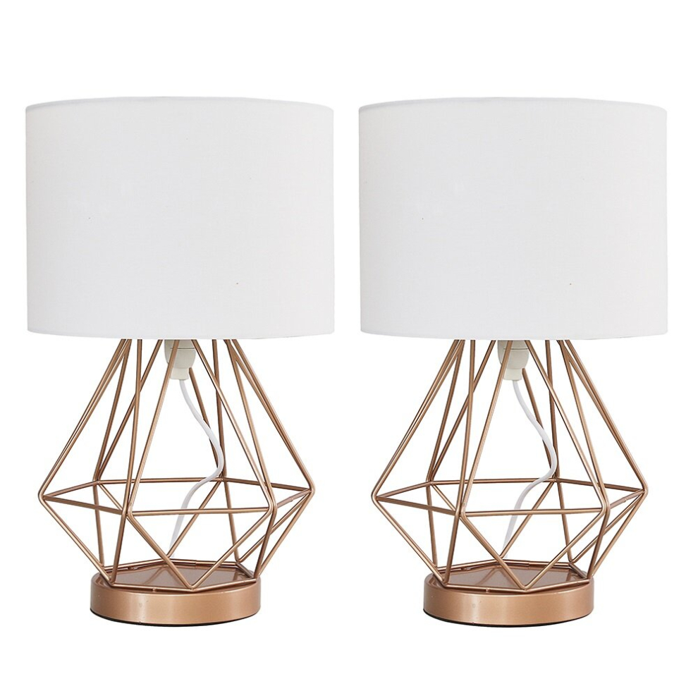 Pair of - Modern Copper Metal Basket Cage Touch Table Lamps with a White Cylinder Shade
