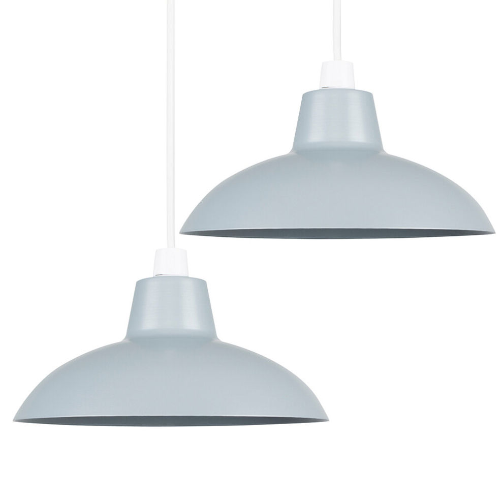 Pair of Retro Style Gloss Grey Metal Easy Fit Ceiling Pendant Light Shades - Complete with 10w LED GLS Bulbs [3000K Warm White]