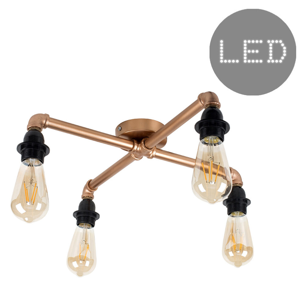 Industrial 4 Way Copper Pipework Ceiling Light 4w LED Filament Bulbs