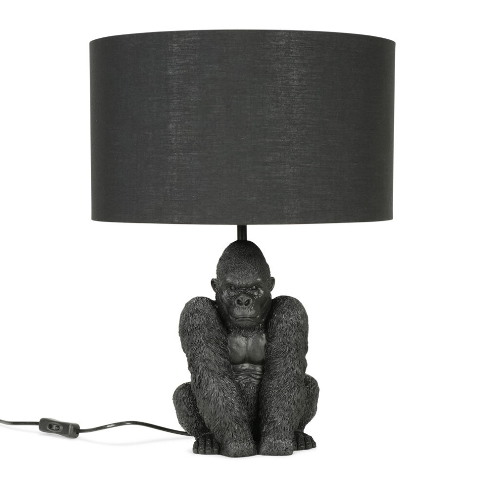 Modern Matt Black Sitting Gorilla Table Lamp with a Black Drum Shade - Complete with a 4w LED Golfball Bulb [3000K Warm White]