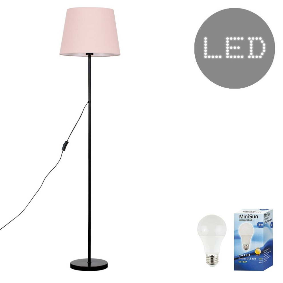 Modern Standard Floor Lamp in a Black Metal Finish with a Large Pink Tapered Light Shade - Complete with a 6w LED GLS Bulb [3000K Warm White]