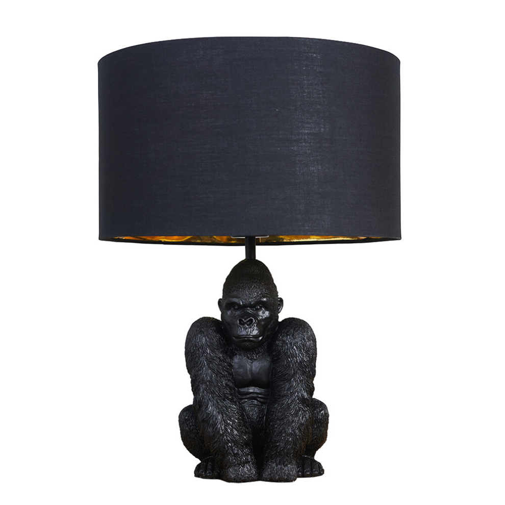 Modern Matt Black Sitting Gorilla Table Lamp with a Black/Gold Drum Shade - Complete with a 4w LED Golfball Bulb [3000K Warm White]