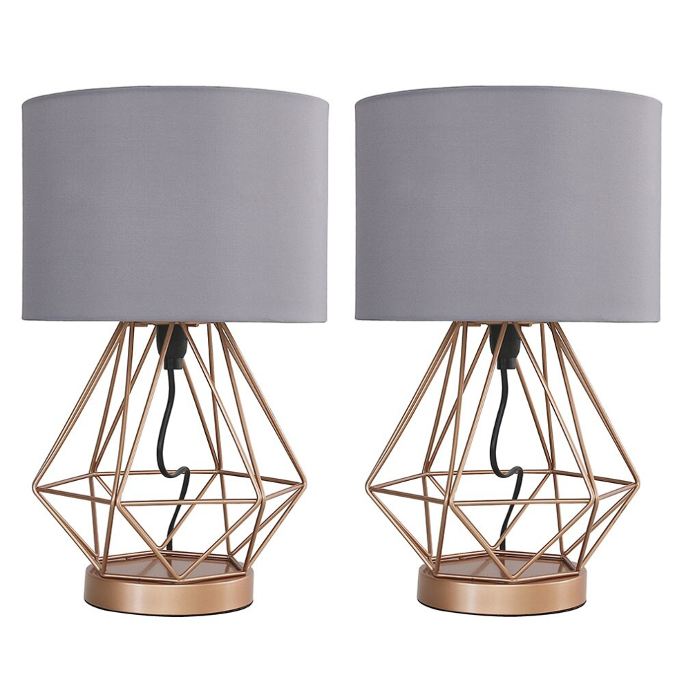 Pair of - Modern Copper Metal Basket Cage Touch Table Lamps with a Grey Cylinder Shade