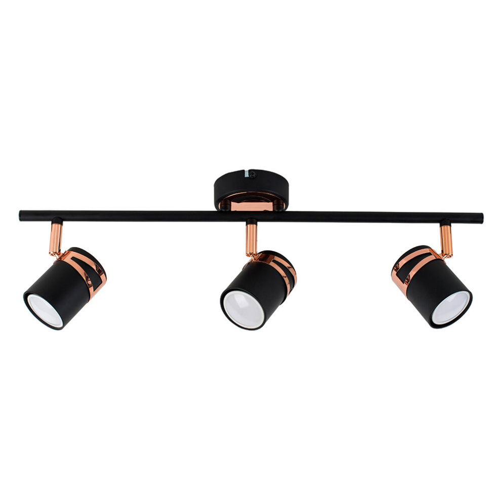Modern Matt Black & Copper 3 Way Adjustable Straight Bar Living Room Kitchen Ceiling Spotlight