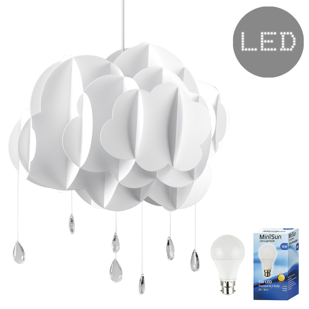 Children's Bedroom/Baby Nursery White Rain Cloud with Acrylic Jewel Raindrop Ceiling Pendant Light Shade + 6w LED GLS Bulb 3000K Warm White