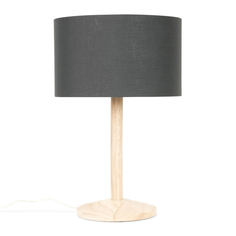 Single Stem Natural Light Wood Table Lamp with a Dark Grey Drum Shade - Complete with a 6W LED Bulb [3000K Warm White]