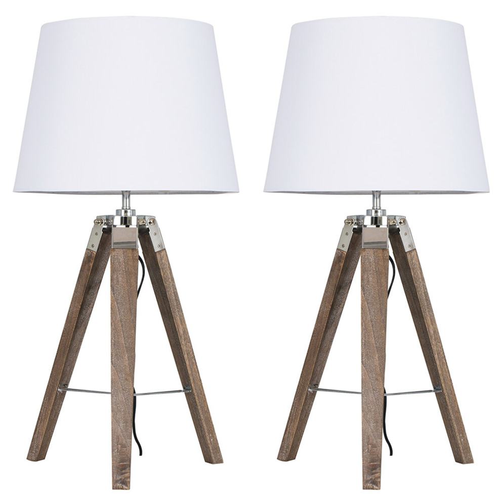 Pair of - Modern Distressed Wood and Silver Chrome Tripod Table Lamps with White Tapered Light Shades