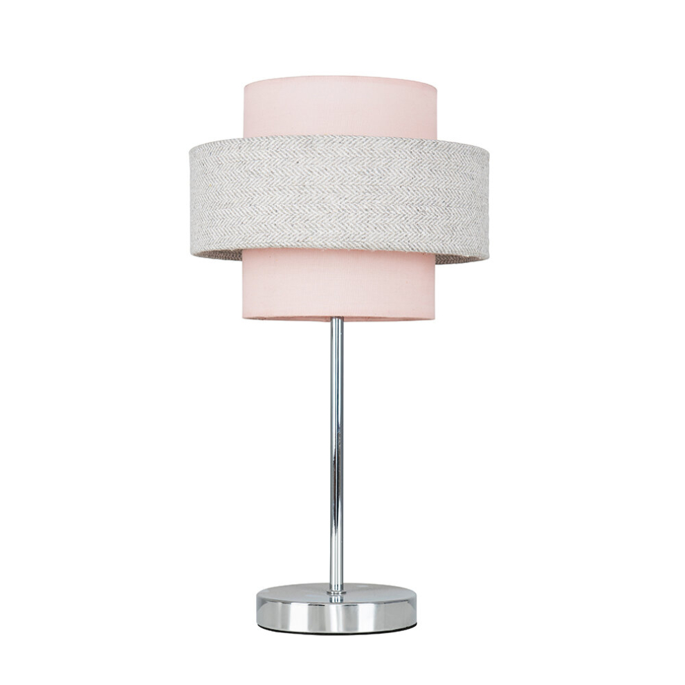 Modern Polished Chrome Touch Bedside Table Lamp with a Pink & Grey Herringbone Shade - Complete with a 5w LED Dimmable Bulb [3000K Warm White]