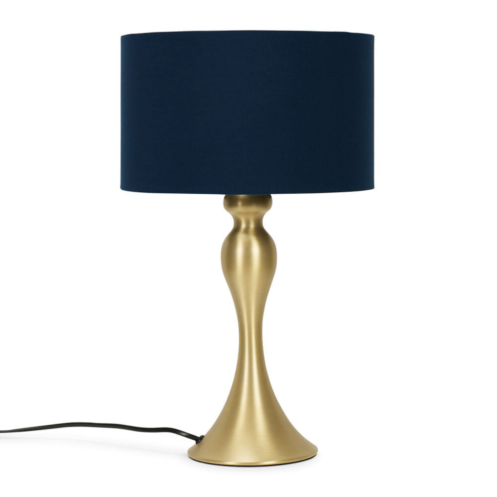 Modern Matt Gold Spindle Design Table Lamp with a Navy Blue Drum Shade - Complete with a 6w LED GLS Bulb [3000K Warm White]