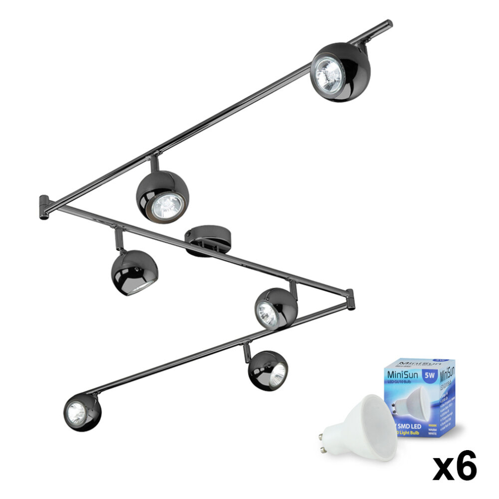 Retro Adjustable 6 Way Eyeball Black Chrome Ceiling Spotlight - Complete with 6 x 5W GU10 Warm White LED Bulbs