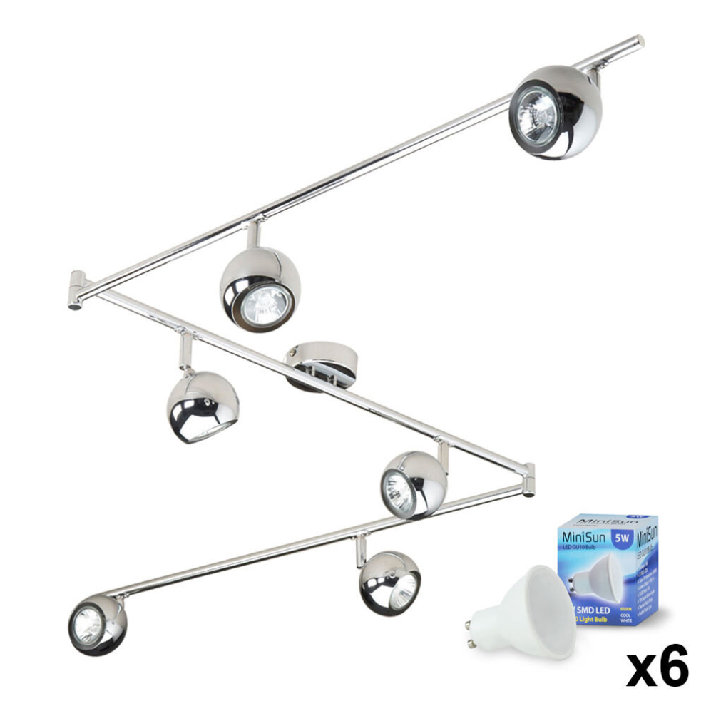 Retro Adjustable 6 Way Eyeball Polished Chrome Ceiling Spotlight - Complete with 6 x 5W GU10 Cool White LED Bulbs