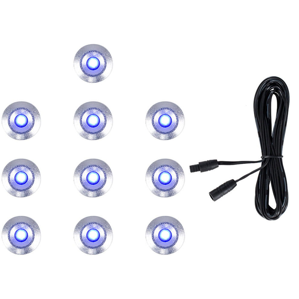 Pack of 10 15mm Blue LED Round IP67 Rated Garden Decking/Kitchen Plinth Lights Kit - Complete with a 3M Extension Cable