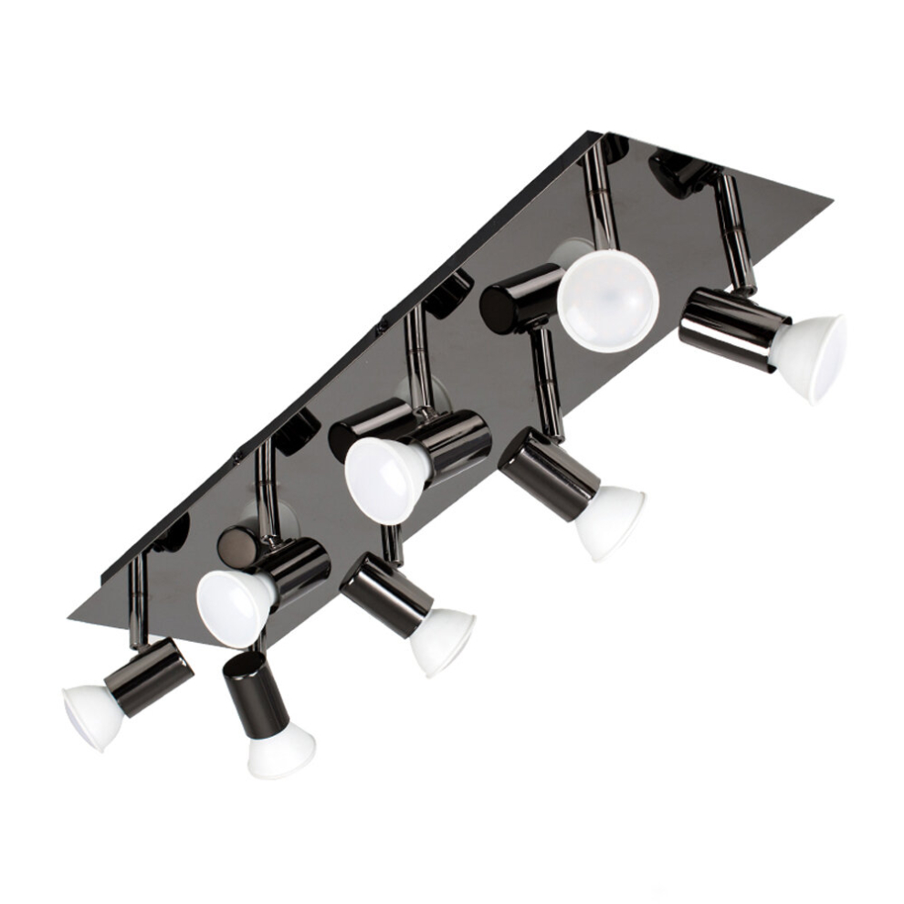 Large Modern Rectangular Black Chrome Plate 8 Way Adjustable Ceiling Spotlight - with 8 x 5W Cool White GU10 LED Bulbs